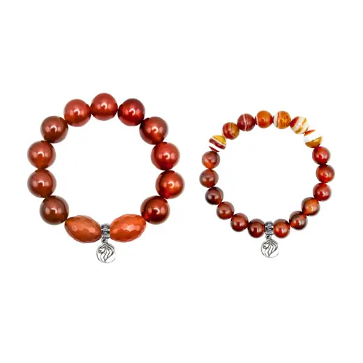 Two carnelian and agate bead bracelets with a Victoria Ensō charm