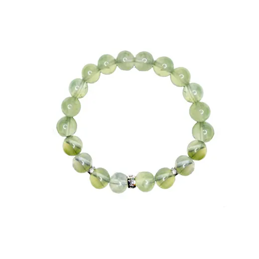 A pale green prehnite bead bracelet with a crystal-set spacer
