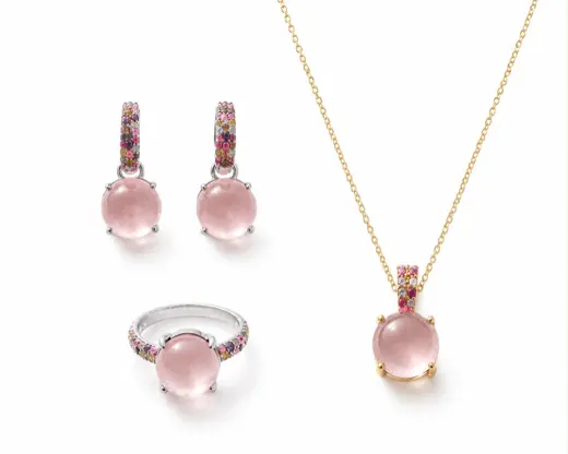 Rose quartz earrings, ring and pendant set